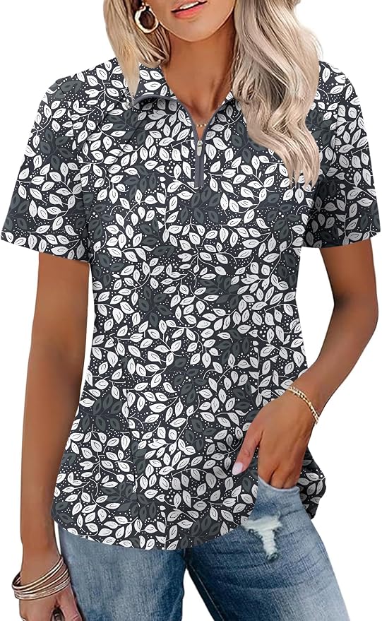 LOMON Womens Golf Polo Shirt Summer Short Sleeve Quarter Zip Outfit | Side-Pockets,Princess Seams,Cotton,Wrinkle Free,Moisture Wicking,Quick-Dry,Lightweight,Collared,for Tennis Workout