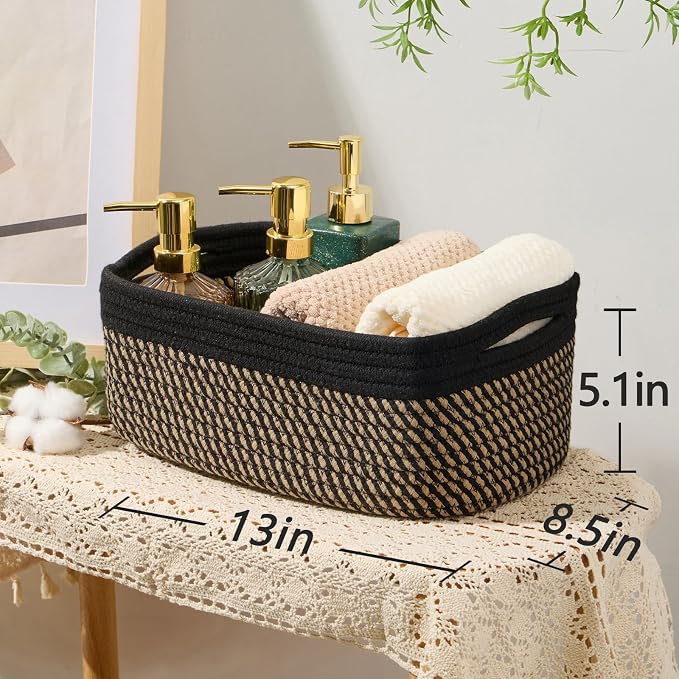 MiniArk Small Storage Baskets for Organizing | Closet Organizer Bins | Shelf Toy Basket | Woven Rope Baskets | Cube Decorative Box | Shallow Basket | 13x8.5x5.1” | 4 Packs Black Brown