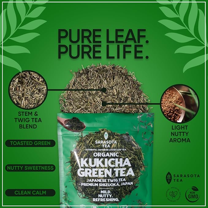 Kukicha Green Tea Loose Leaf | Japanese Twig & Leaf Green Tea | Low Caffeine | Smooth & Nutty Flavor | 4.4 oz Bulk Bag | Antioxidant Rich | Hot or Iced | Non-GMO