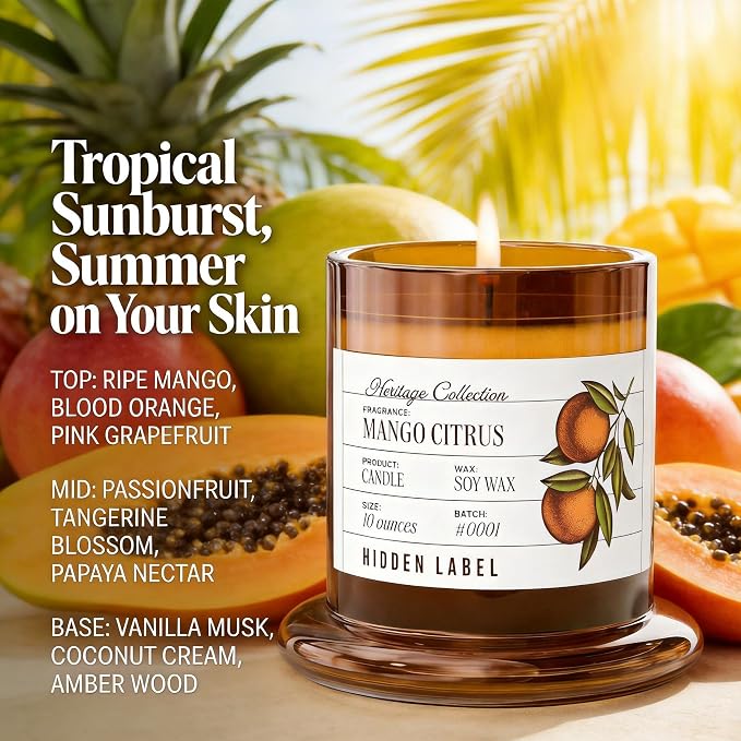 Hidden Label Mango Citrus Scented Candle - 10oz Non Toxic Candles for Home Scented with Clear Bell Jar, Natural Soy Wax Clean Burning Aromatherapy Candle for Spa/Yoga/Meditation & Stress Relief Gifts