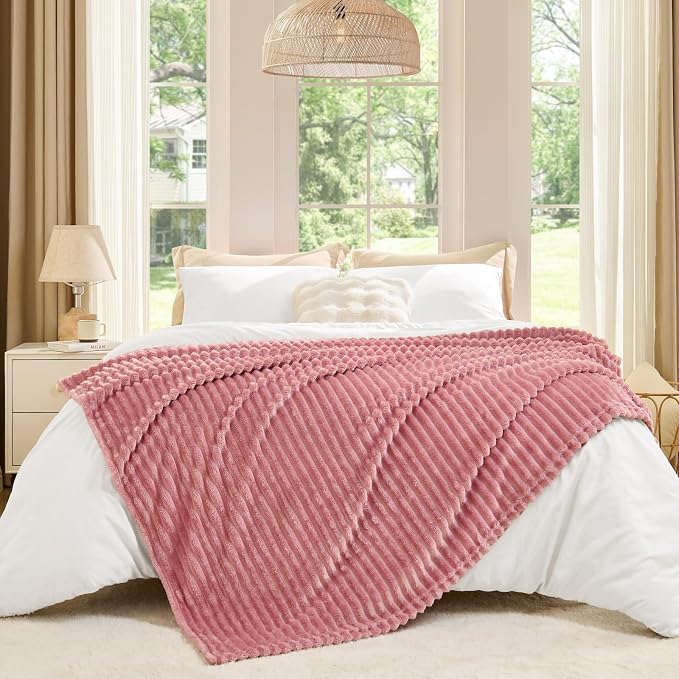 BEDELITE 3D Ribbed Jacquard Pink Fleece Throw Blanket for Couch, 50x60 Inch | Soft Warm Decorative Fluffy Blanket, Cozy Plush Lightweight Fuzzy Throw Blanket for Bed Sofa Home Room Decor, Gift for Women