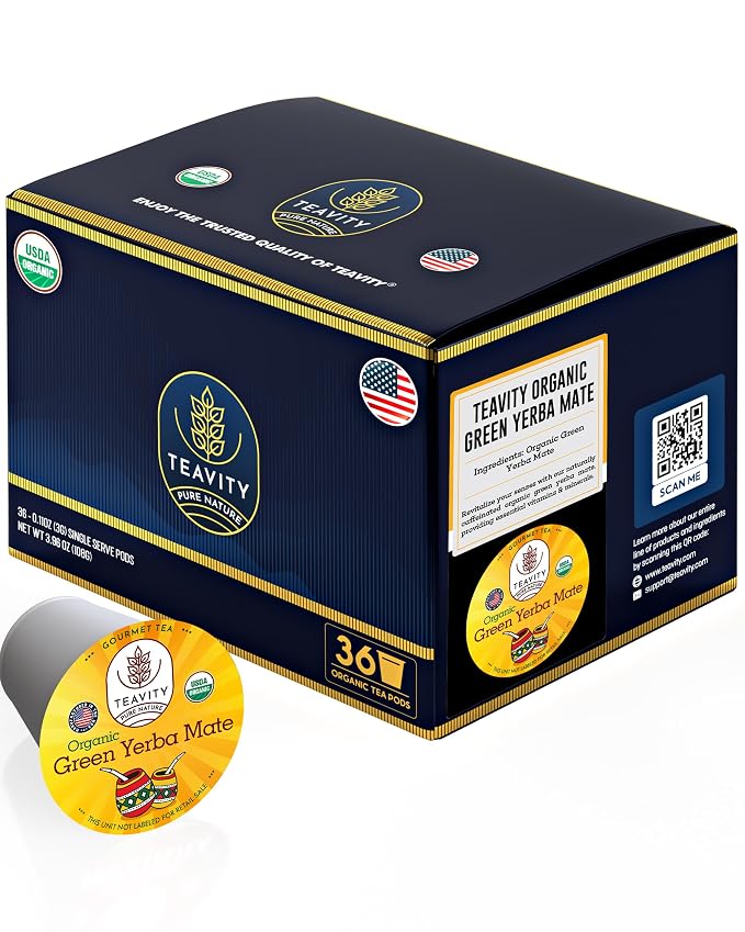 Organic Yerba Mate Tea Pods for Keurig - Green, Unsmoked Yerba Mate by Teavity (36 Tea Pods)