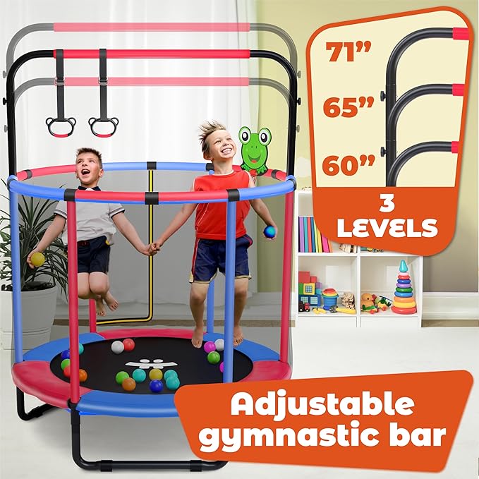 Happin® 55â€ Toddler Trampoline Indoor & Outdoor Playset, 5FT Kids Trampoline, Ultra Safe Mini Trampoline for Kids with Safety Enclosure Net, Gifts for Birthday with Basketball Hoop