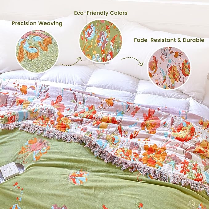 MSGKV Boho Throw Blanket 60"x80" Summer Cotton Butterfly Floral Blanket | Butterfly Floral Pattern, Muslin Throw, Reversible Woven, Lightweight Comfort, Farmhouse Decor, All Season, Machine Washable