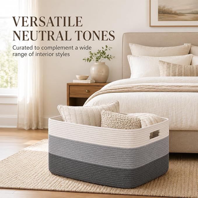 OIAHOMY Large Blanket Basket For Living Room, Rectangle Woven Baskets for Storage, Nursery Toy Storage With Handle-22”x17”x12”-Gradient Dark Grey