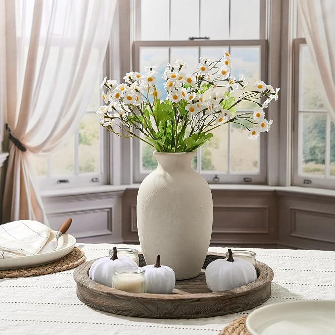 Ceramic Rustic Flower Vase, 8.38 Inch Vintage Pottery Home Decor, Farmhouse Terracotta Vase for Living Room, Table, Shelf, Mantel Decoration, Farmhouse - Off-White