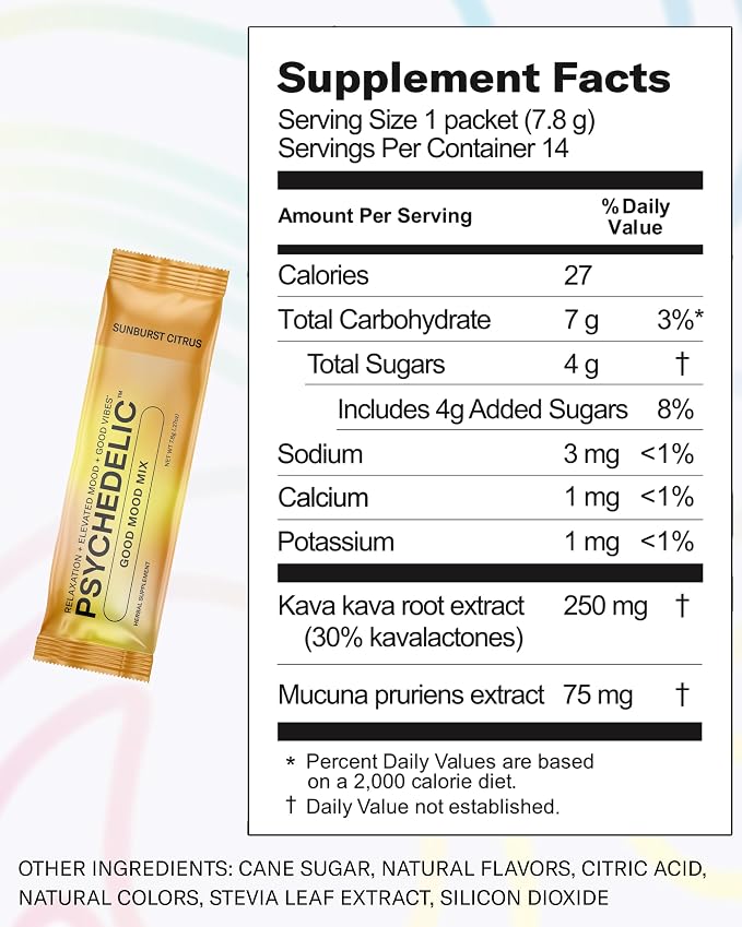 Psychedelic Water Calming Kava Drink Mix - Kava kava Flavored Drink Mix - Easy Open Single-Serving - Flavored Kava - Mucuna Pruriens - Stevia - Adaptogen Mocktails - 14 Sticks - Sunburst Citrus