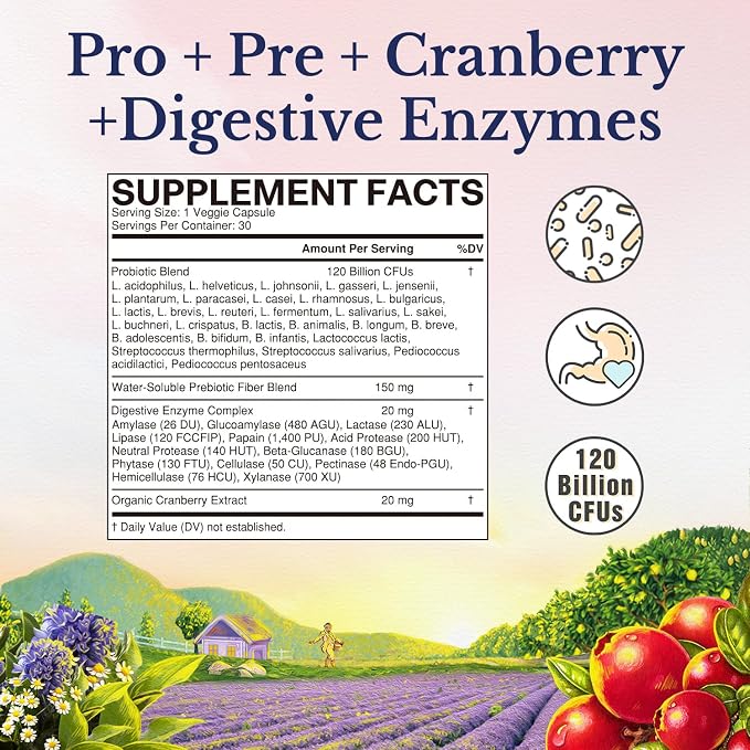 Vitalitown Probiotics for Women 120 Billion CFUs, 30 Strains, with Prebiotics & Digestive Enzymes & Cranberry, Gut & Vaginal Health, Vegan 30 (Pack of 1) Delayed Release Caps