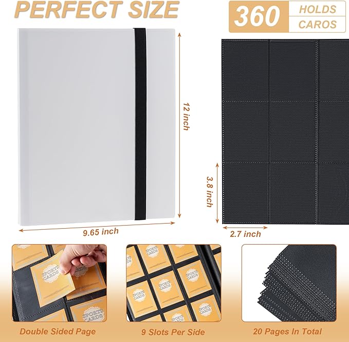 Card Binder 9 Pocket Storage 360 Card Binder,Trading Card Binder Senior and Sturdy Side-Loading Album,Intended For YuGiOh,MTG, TCG,Game Cards & Baseball Card Binde,(White）