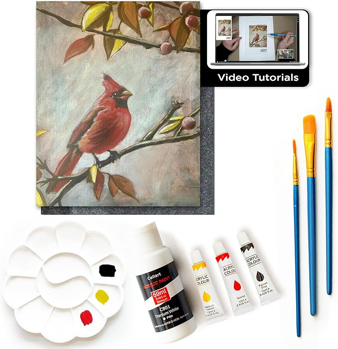 Painting4Real DIY Painting Class Kit for Adults with Video Tutorials: Learn to Paint Cardinal – How to Paint with Acrylics – Painting & Art Supplies – 9 Piece Acrylic Paint Set