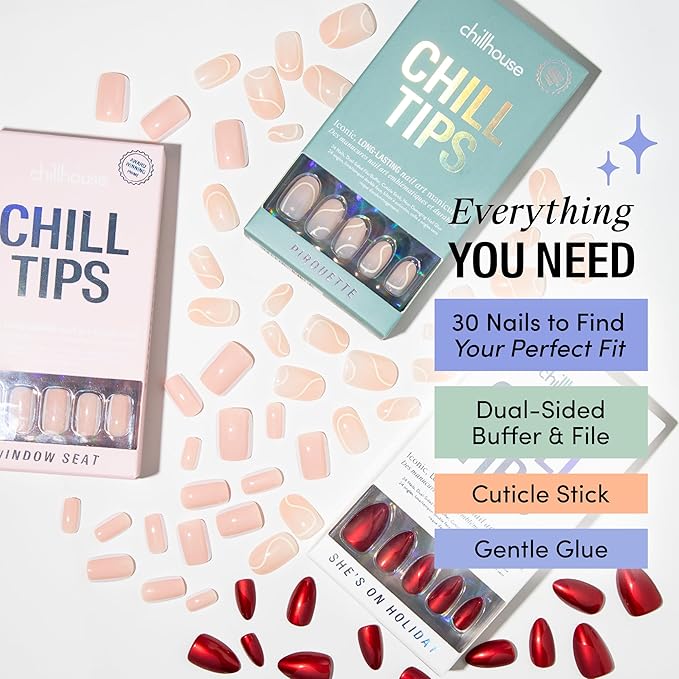 Chillhouse - Chill Tips Press on Nails Kit - She's the Prize Bundle (3-Pack) - 30 Nail Shapes & Sizes - Up to 2 Weeks Wear - Customizable Fit, Reusable - Latina Founded, Women Owned, Beauty, Self Care