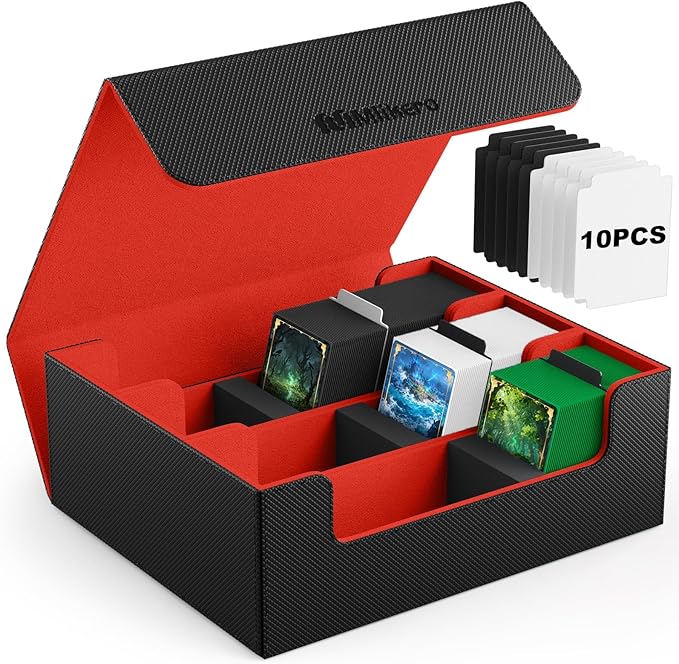 Mlikero Card Deck Case, 1800+ Trading Card Storage Box with 10 Dividers and 3 Foam Stoppers, Leather Magnetic Closure Commander Deck Box Fit for YuGiOh, MTG and Sport Cards(Black&Red)