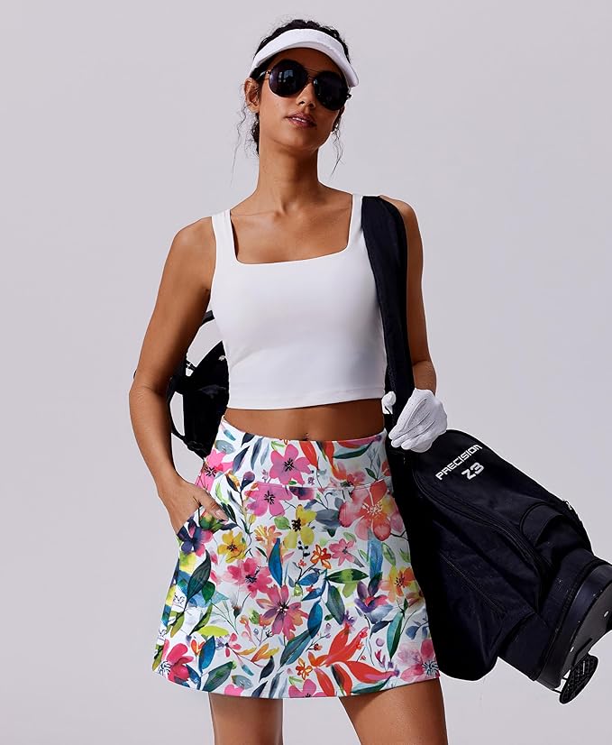 PINSPARK 17" Golf Skorts for Woman High Waisted Tennis Skirt with 4 Pockets | Lightweight, Quick Dry, 4-Way Strecth, Breathable, Tummy Control, UPF 50+ Athletic Skort for Workout, Pickleball, Gym, Casual