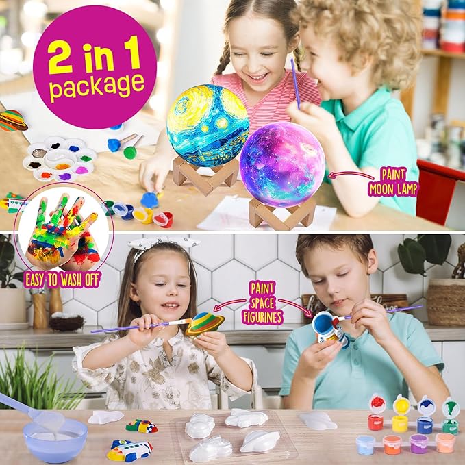 Paint Your Own Moon Lamp Kit, Cool Gifts DIY 3D Moon Night Light, Arts and Crafts for Kids Ages 8-12，Space Art Supplies Craft Kits, Girls Boy Birthday & Christmas Gifts Ages 3 4 5 6 7 8 9 10 11 12+