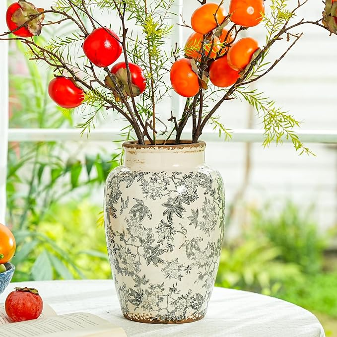 Sungmor Ceramic Flower Vase, Vintage Grey Ice Cracked Glaze Porcelain Vase | Pretty Home Decor Vase for Flower Arrangement, Fresh Flowers, 10.2 Inch Tall Chinoiserie Pottery Vase, Green Floral Pattern