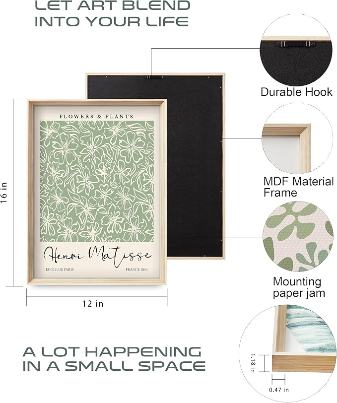 HesenDot Framed Wall Art Set of 3, Sage Green Botanical Wall Decor | 12x16IN High Framed Design Canvas Prints, Matisse Inspired Minimalist Art for Living Room Bedroom Bathroom