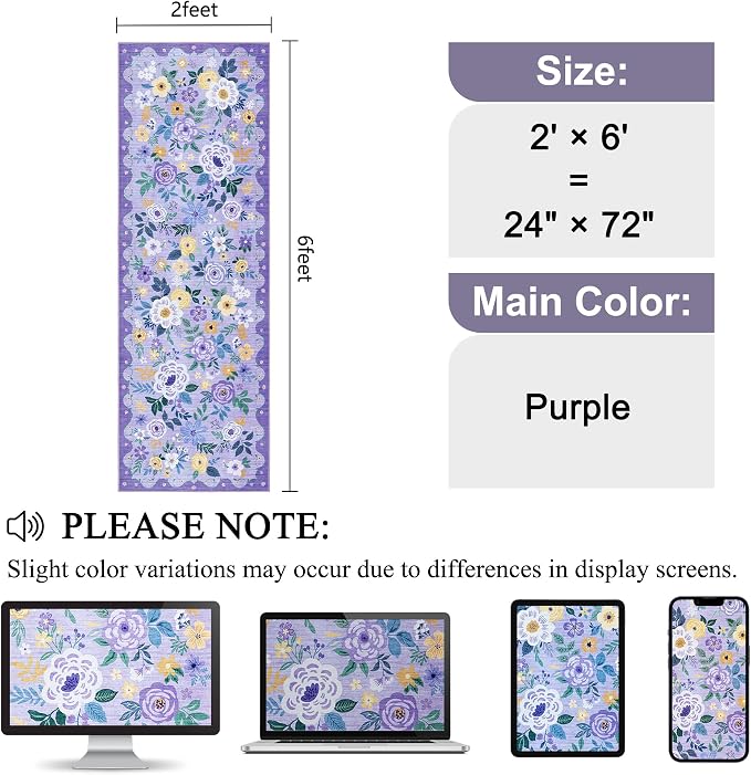 DUKINO 2x6 Runner Rug for Hallway, Washable Kitchen Rugs Non Slip, Purple | Low Pile, Soft, Floral Indoor Rug for Entryway, Bedroom, Laundry, Bathroom, Pet Friendly, Lightweight, Modern Home Decor