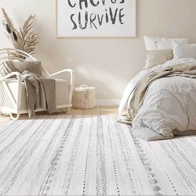 Nakagishi Boho 8x10 Area Rug Living Room Rugs Machine Washable Gray | Soft, Pet & Kid Friendly, Carpet for Living Room/Bedroom/Office/Kitchen/Nursery, Daily Home Decor Stain Resistant Moroccan
