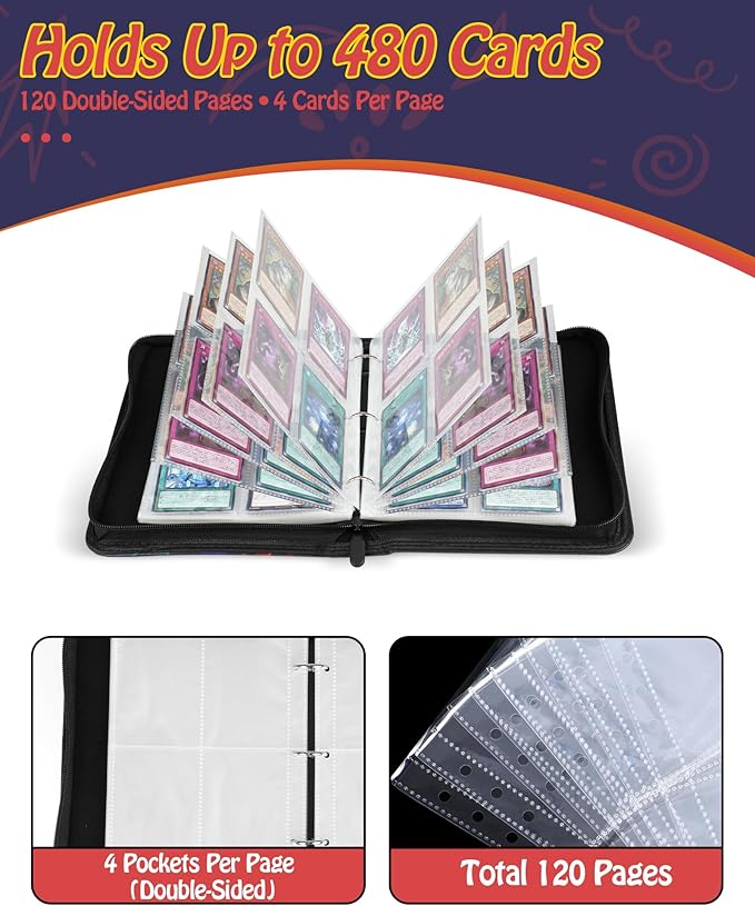 Best baseball card binder 4-Pocket holds 480 cards, 120 pages side-loading, PU leather zip waterproof cover, acid-free pages, for home storage & card shows, baseball cars binder, gift kids boys girls!