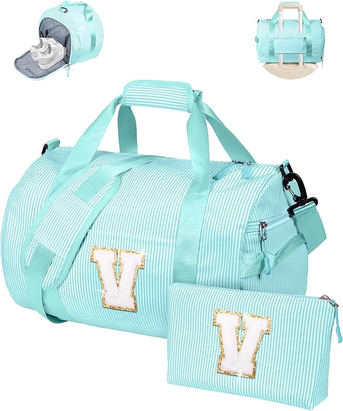 5 Year Old Girl Birthday Gifts, Girls Travel Duffle Bag, Kids Initial Overnight Bags with Shoe Compartment, Personalized Weekend Bag with Cosmetic Pouch, Teenager Gift Ideas (Letter V)