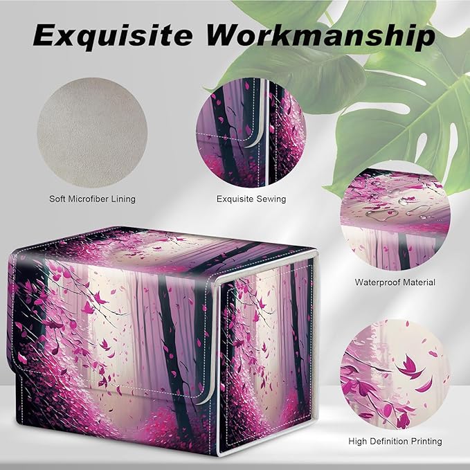 DEGDFSGR for TCG MTG Card Game Storage Box Organizer Trading Card Case Commander Deck Box Magnetic Closure Creative Pattern Up to 200 Cards, Fantasy Pink Purple Forest