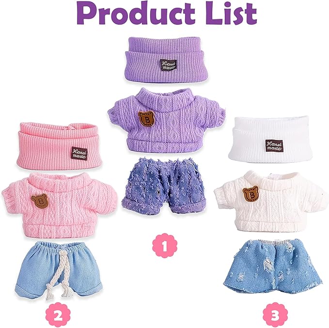 Total 3 Sets Doll Clothes Accessories for 17cm Dolls Include: 3 Hats, 3 Tops, 3 Pants- Soft & Stylish Costume Accessories (Doll Not Icluded)