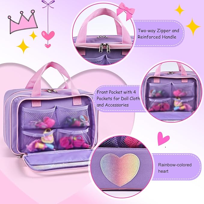 Carrying Case Compatible with Barbie Dolls 12-Inch/6-inch, All-in-One Organizer Holds 6-12 Dolls & Accessories，Large Doll Travel Case with Handle, Bag Only (Purple)