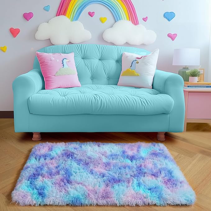 Amdrebio Purple Rainbow 2x3 Small Area Rugs for Bedroom Girls Room Decor, Fuzzy Plush Colorful Mermaid Kids Rugs for Playroom Nursery Dorm, Fluffy Furry Cute Shag Kawaii Carpet for Baby Toddler Teen