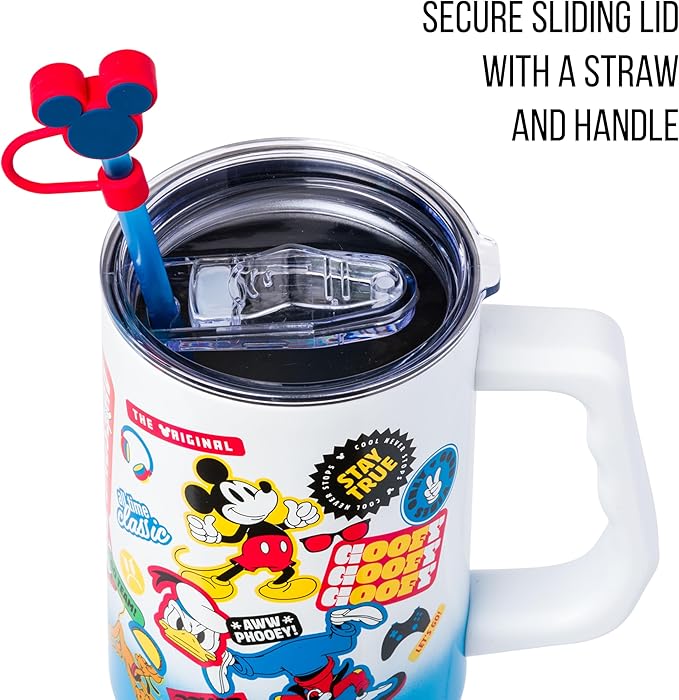 Silver Buffalo Disney Mickey Mouse Stainless Steel Tumbler with Straw Cover, Lid, Straw, and Handle Featuring Donald Duck, Daisy Duck, Minnie Mouse, Mickey Mouse, Goofy, and Pluto, 40 Ounces