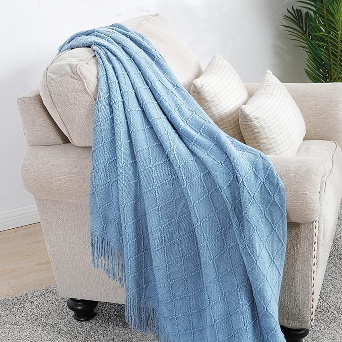 BOURINA Blue Throw Blanket 50x60 Inch Boho Knitted Soft Throw Sofa Blanket | Knitted Throw Blanket 50x60 Inches, Soft Lightweight Boho Weave Throw Decorative Couch Blanket for Living Room Bedroom Chair