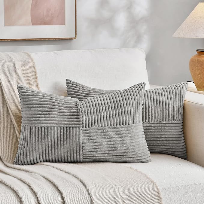 Fancy Homi 2 Packs Grey Long Lumbar Decorative Throw Pillow Covers 12x24 Inch for Couch Bed Sofa, Rustic Farmhouse Boho Home Decor, Soft Striped Corduroy Rectangle Accent Cushion Case 30x60 cm