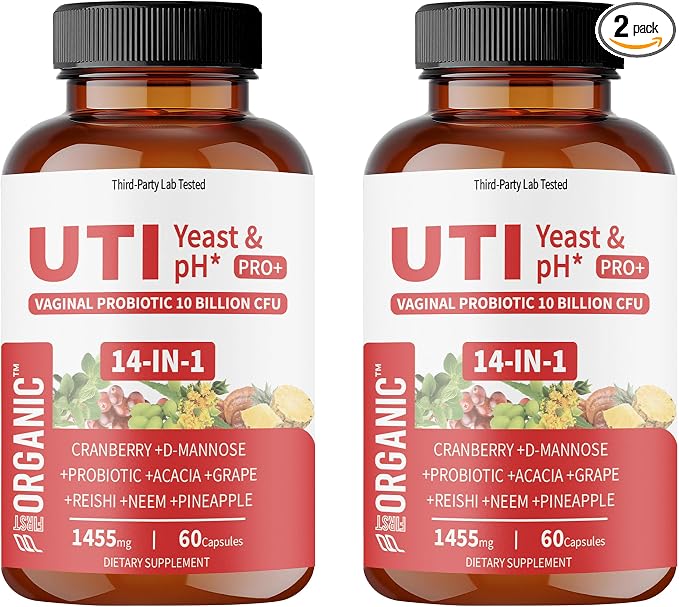 UTI Yeast & pH Pro+ | Pack of 2 | Daily Feminine Hydration & Balance Support with Cranberry, D-Manose, Aloe, Hibiscus | Third-Party Lab Tested | 60+60 Caps