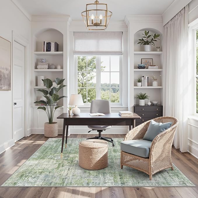 Soalmost Abstract 3x5 Rugs, Small Kitchen Entryway Area Rug Green/Ivory | Vintage Low Pile Carpet for Nursery Coffee Table Bathroom, Foldable Stain Resistant Indoor Door Mat Entrance Powder Room