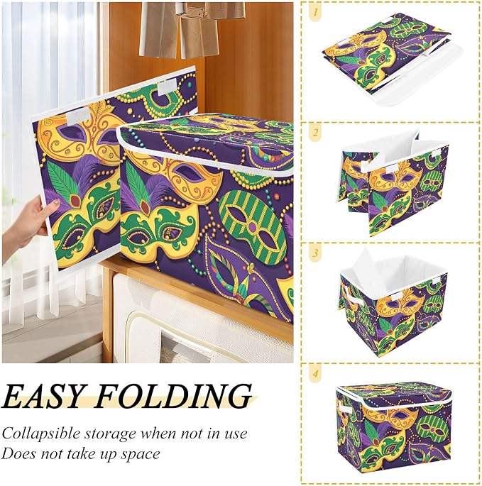 Mardi Gras Mask Storage Bins with Lids and Carrying Handle,Foldable Storage Boxes Organizer Containers Baskets Cube with Cover for Home Bedroom Closet Office
