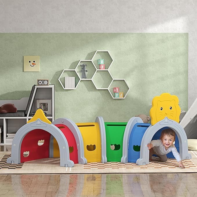 Qaba Lion Tunnel, Toddler Tunnel for Kids Crawl and Climb Through, Kids' Play Structure Indoor Outdoor, 4 Sections, Multicolored
