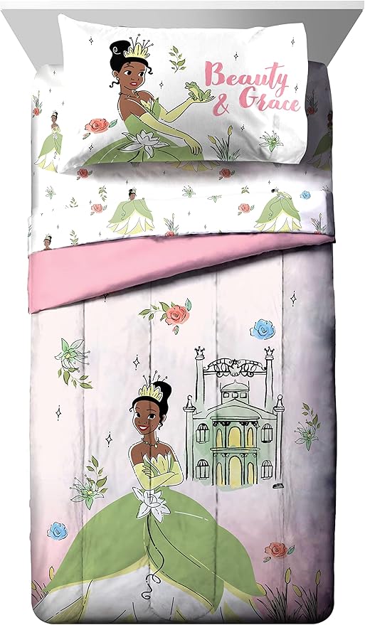 Jay Franco The Princess and The Frog Beauty & Grace 5 Piece Twin Size Bed Set - Includes Comforter & Sheet Set Featuring Tiana - Super Soft Bedding Fade Resistant Microfiber (Official Product)