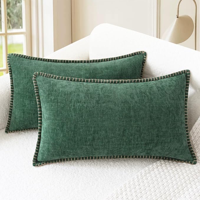 CaliTime Decorative Couch Throw Pillow Covers 20 X 12 Inches Dark Green | Pack of 2, Cozy Chenille Cushion Cases, Cotton Thread Stitching Edges, for Sofa Bed Living Room Farmhouse