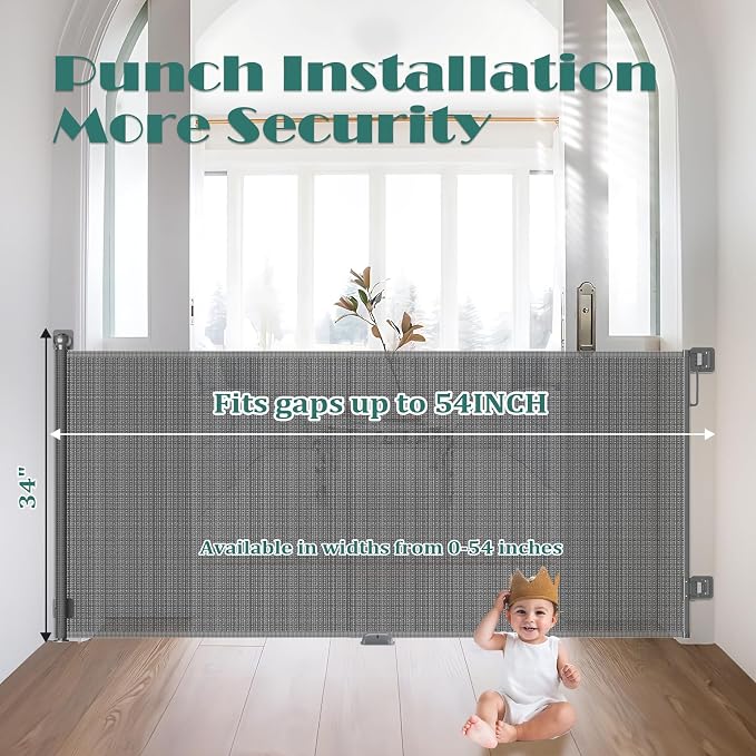 Babepai Retractable Baby Gates No Drilling | 54" Wide x 34" Tall Dog Gates for Stairs | Indoor/Outdoor Use | Child Gates for Doorways, Deck, Porch, Hallways, Patio - Gray