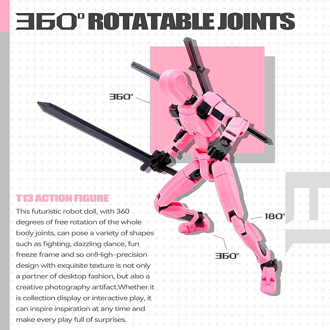 T13 Action Figure Set (Assembly Completed),Titan 13 Action Figures,Dummy 13,3D Printed Toys Multi-Jointed Movable (Pink Black)