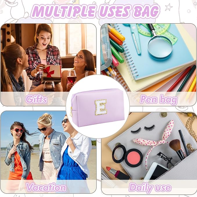 URSKYTOUS Gifts for Girls Initial Makeup Bag Personalized Cosmetic Bag with Zipper Cute Travel Toiletry Bag Waterproof PU Preppy Makeup Pouch Birthday Gift for Teen Girls Women(Purple E)