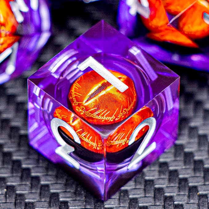 ARUOHHA DND Resin Dice Gazes Eye Dice Silver Purple Liquid Core Flaming RPG Sharp Edged Dice Set with Gift Box, Polyhedral D and D Dice Set Compatible with Dungeons Dragons Role Playing Game D20 D6