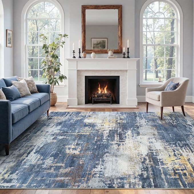 6x9 Ft Large Area Rugs for Living Room, Soft Non-Slip Washable Rugs Modern Abstract Pattern Carpet for Bedroom Indoor Floor Nursery Home Decor (Blue/Gold)