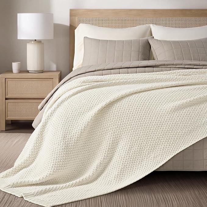 EVERGRACEHOME Chunky Chenille Knit Throw Blanket, 108x92, Ivory White | Sculpted Moss Stitch, Chic Modern Farmhouse, All-Season Warmth, OEKO-TEX® Certified, Oversized King for Couch, Bed, Sofa