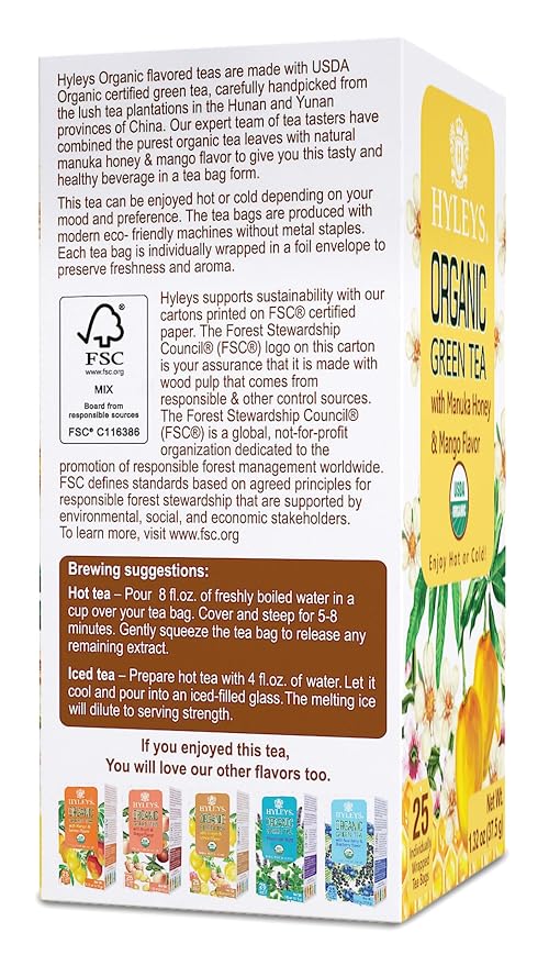 HYLEYS Organic Green Tea, Manuka Honey and Mango Flavor, 150 Tea Bags (6 Pack of 25) - Individually Wrapped Tea Bags - USDA Organic - Kosher & Vegan