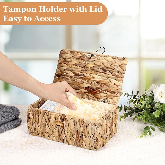 Sumnacon Woven Tampon Holder for Bathroom, Wicker Water Hyacinth Feminine Product Organizer with Lid, Farmhouse Rustic Tampon and Pad Organizer, Woven Storage Baskets Bin for Counter Toilet Tank