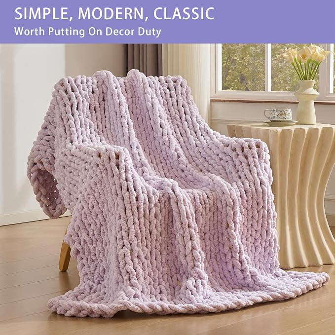 Bigacogo Chunky Knit Throw Blanket for Couch, 40x60 inches, Berry Haze | Hand Knit with Jumbo Chenille, Soft Breathable Cable Knit for Sofa Bed Living Room, Machine Washable, Gift for Mom Friend