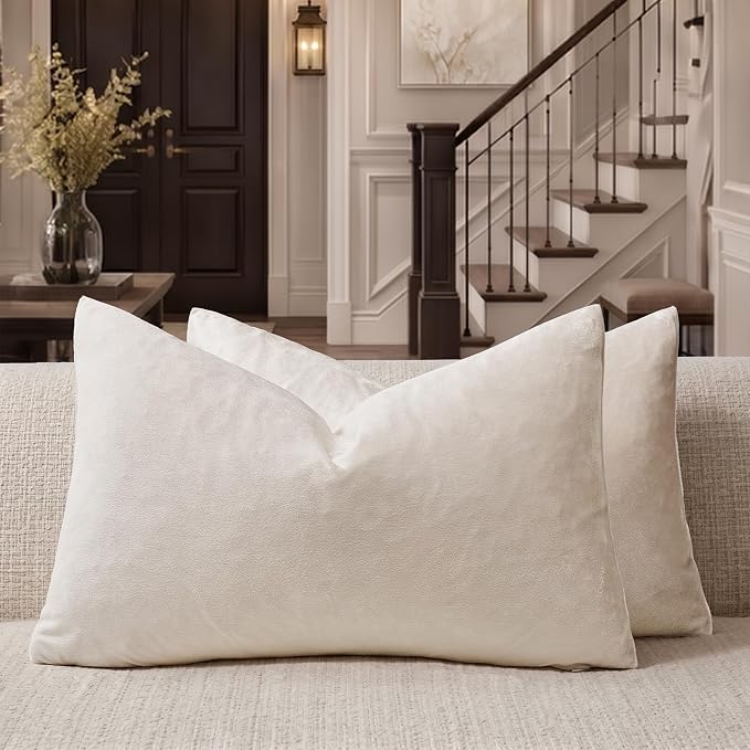 GIGIZAZA Velvet Pillow Covers 12x20 Decorative Pillows Pack of 2 Ivory | Beige Throw Pillows for Couch Sofa,280gsm Soft Textured Fabric,Modern Lumbar Pillowcases,Luxury Cushion Covers