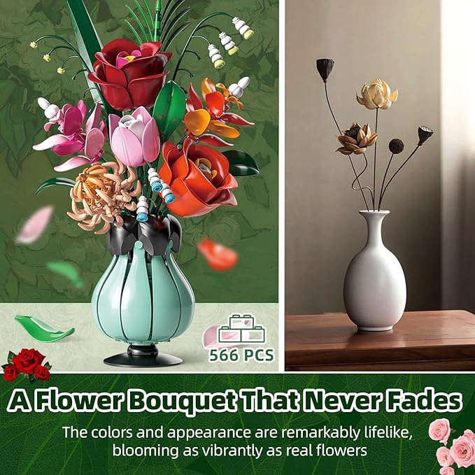 Flowers Bouquet Building Blocks Set with Vase, Roses, Lotus, Lily of The Valley for Adults, Teen Girls, Botanical Collection Home Décor, Office Decor, Gifts for Valentines Birthdays Mother's Day
