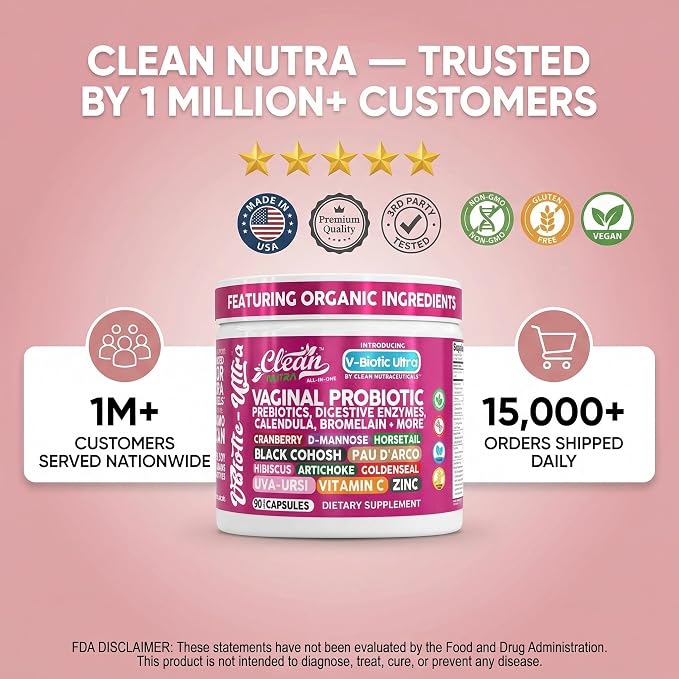 Clean Nutra Vaginal Probiotics for Women + Prebiotics Digestive Enzymes Bromelain Cranberry D Mannose Horsetail Black Cohosh Artichoke Hibiscus Flowers Probiotic for Digestive Health 90 Vegan Capsules