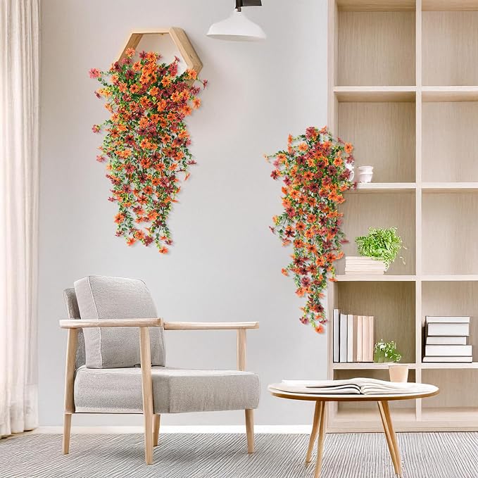 Artificial Fall Fake Flowers for Outdoor Decor,4 Pcs UV Resistant Faux Mums | Faux Hanging Flowers Outdoor Fall Decor, Look Real Autumn Silk Flower for Outside Home Porch Patio Yard Balcony Planter